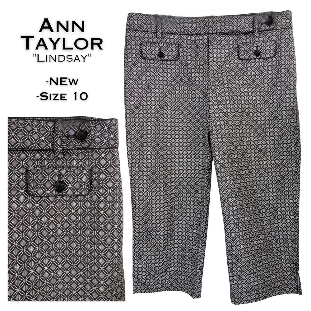 Ann Taylor Lindsay Dress Capris 10 Brown White Geometric Cropped Career NEW